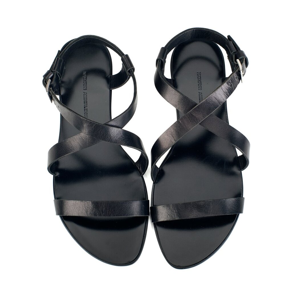 New HANDMADE Black Genuine Leather Strap Flat Sandals NYC Designer